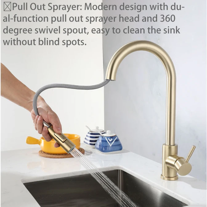 Brushed Gold Pull Out Kitchen Faucets Hot Cold Pull Donw Kitchen Sink Mixer Tap Deck Mounted Stainless Steel Kitchen Sink Faucet