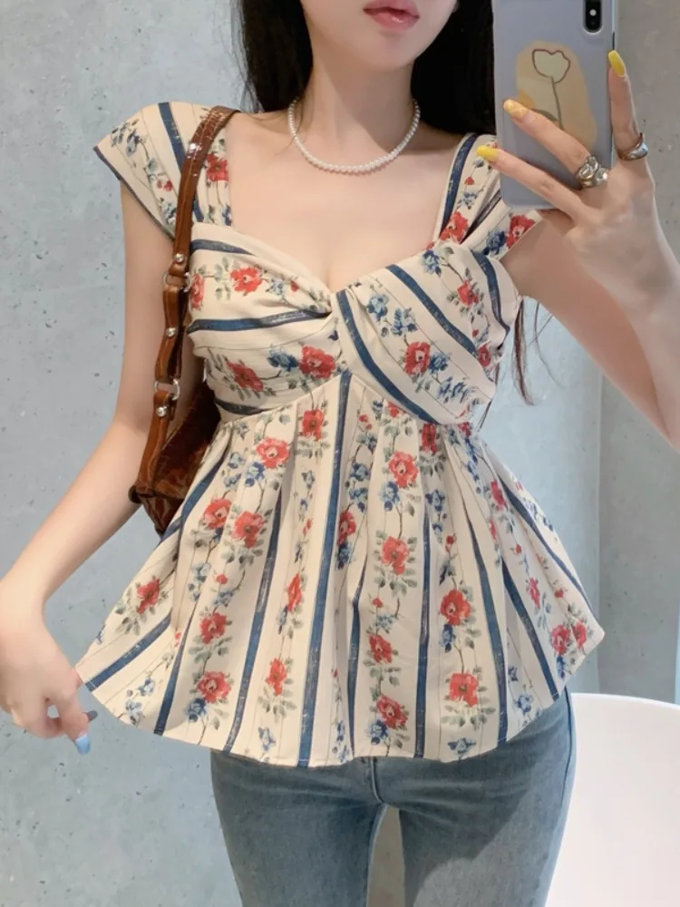 

Сладкий топ с цветочным принтом, женская летняя модная верхняя одежда, жилет без рукавов, дизайн в корейском стиле, с квадратным воротником, дышащий.