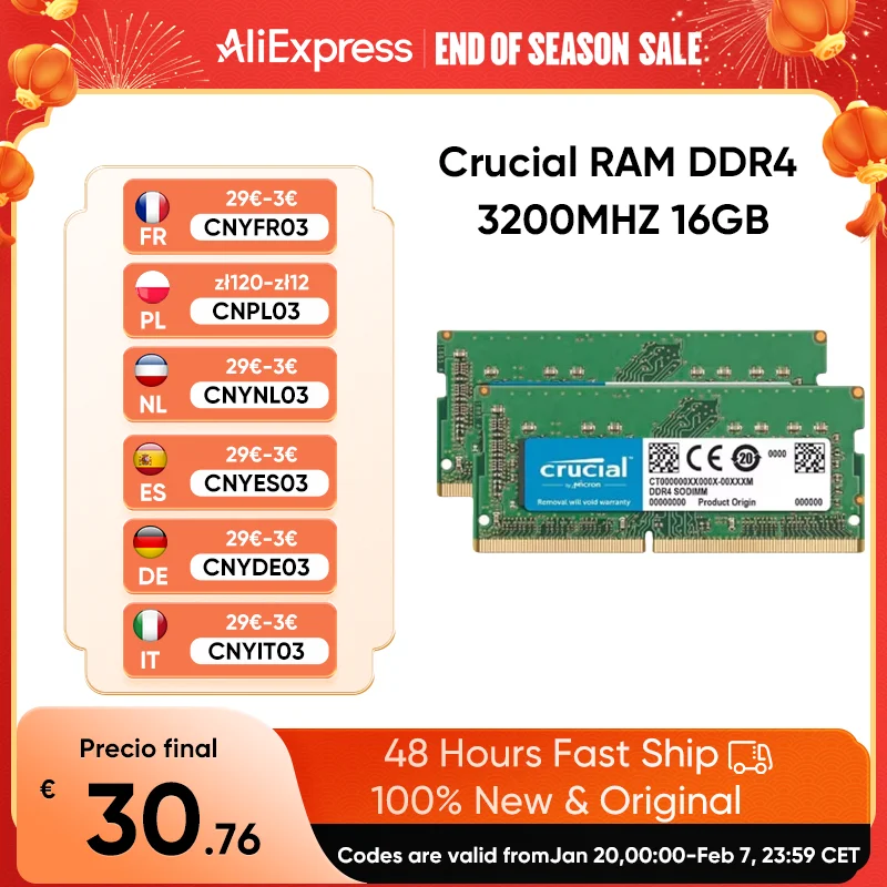 Crucial RAM DDR4 3200MHZ 16GB 1.2V CL22  260 pin For Laptop Memory