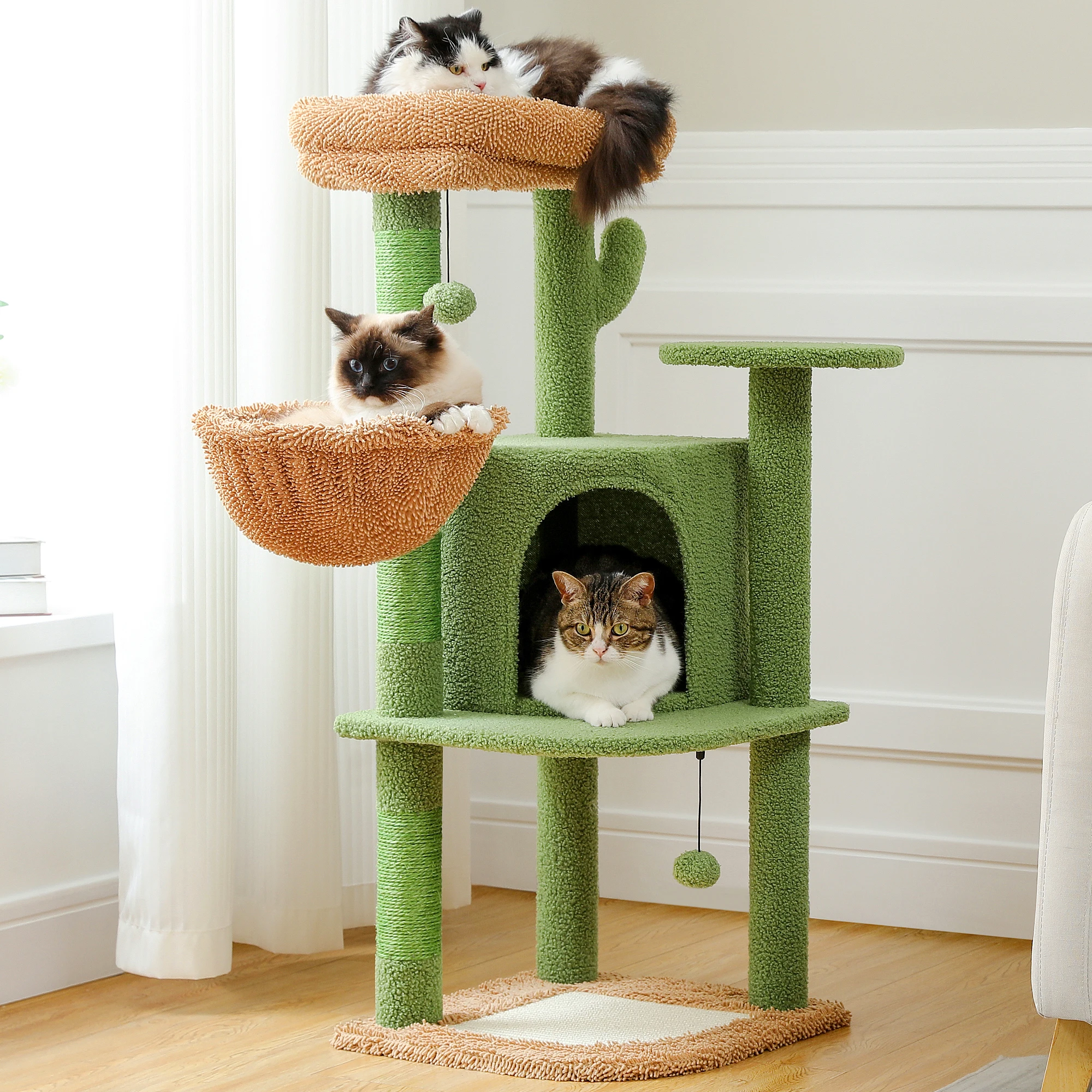 Cactus Cat Tree with Sisal Covered Scratching Posts, Large Condo, Cozy Hammock and Plush Perch, Cat Tower for Indoor, Cat House