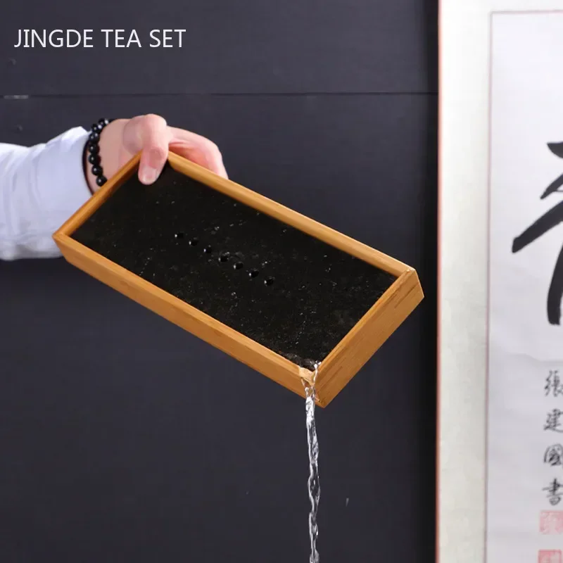 Natural Bamboo Double Layer Black Stone Tea Tray Rectangular Water Storage Small Tea Tray Chinese Tea Ceremony Accessories