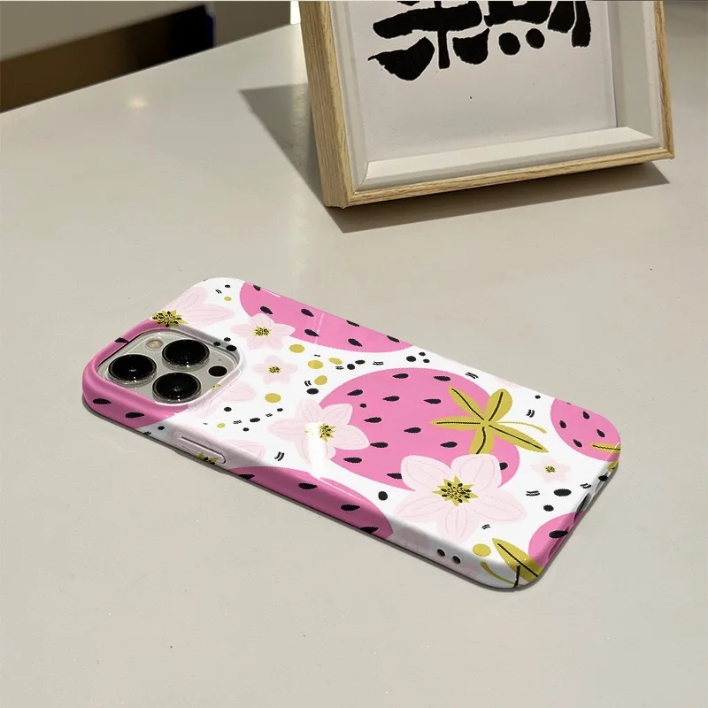 한국어 Ins 핑크 딸기 만화 케이스 IPhone 16 15 14 13 Pro Max 12 Mini 11 Pro 충격 방지 보호 하드 아크릴 커버
