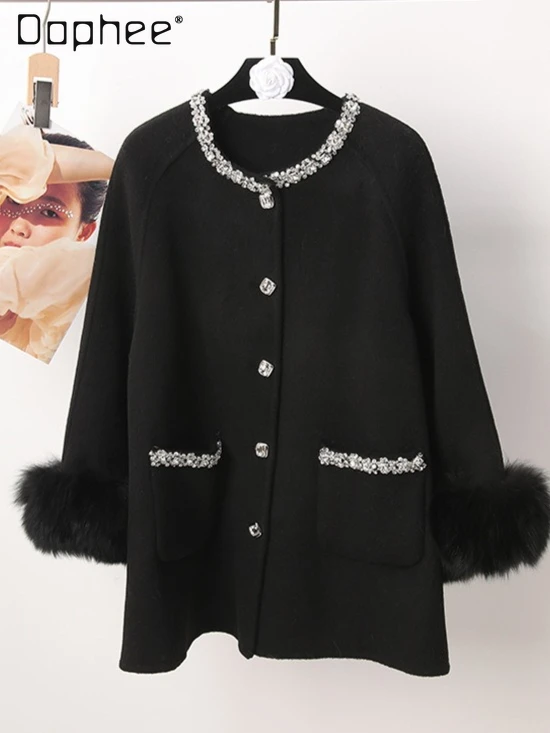 

Легкое роскошное светское двустороннее шерстяное пальто с длинными рукавами из лисьего меха, высококачественное пальто из бисера в корейском стиле, осень-зима 2023 г.