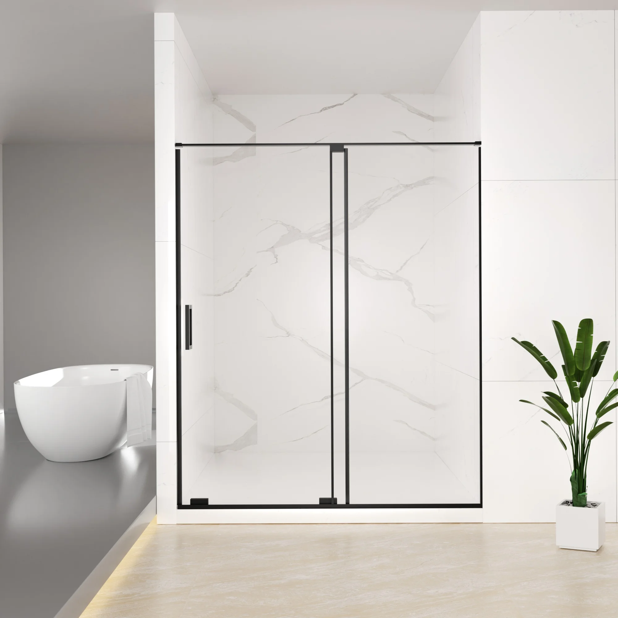 

SH.KL 56-60 Inch W x 72 Inch H Semi-Frameless Sliding Shower Door, 5/16 Inch (8mm) Clear SCGG Tempered Glass, Matte Black Finish
