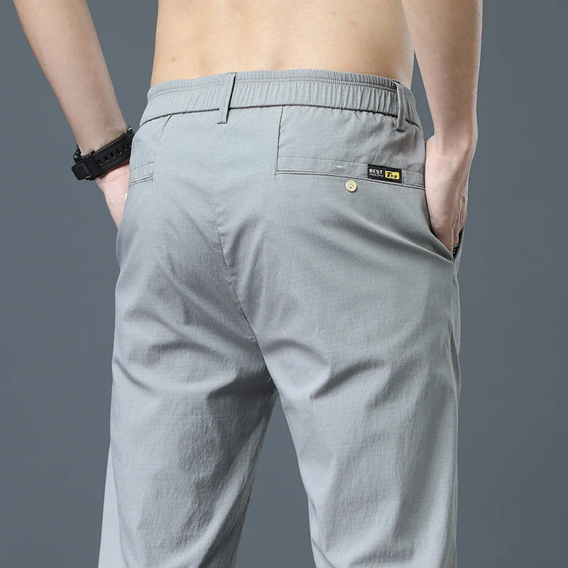 2026 Ice Silk Men's Casual Pants Sweatpants Simple Khaki Black Slim Straight Stretch Casual Trousers Male Brand Clothing