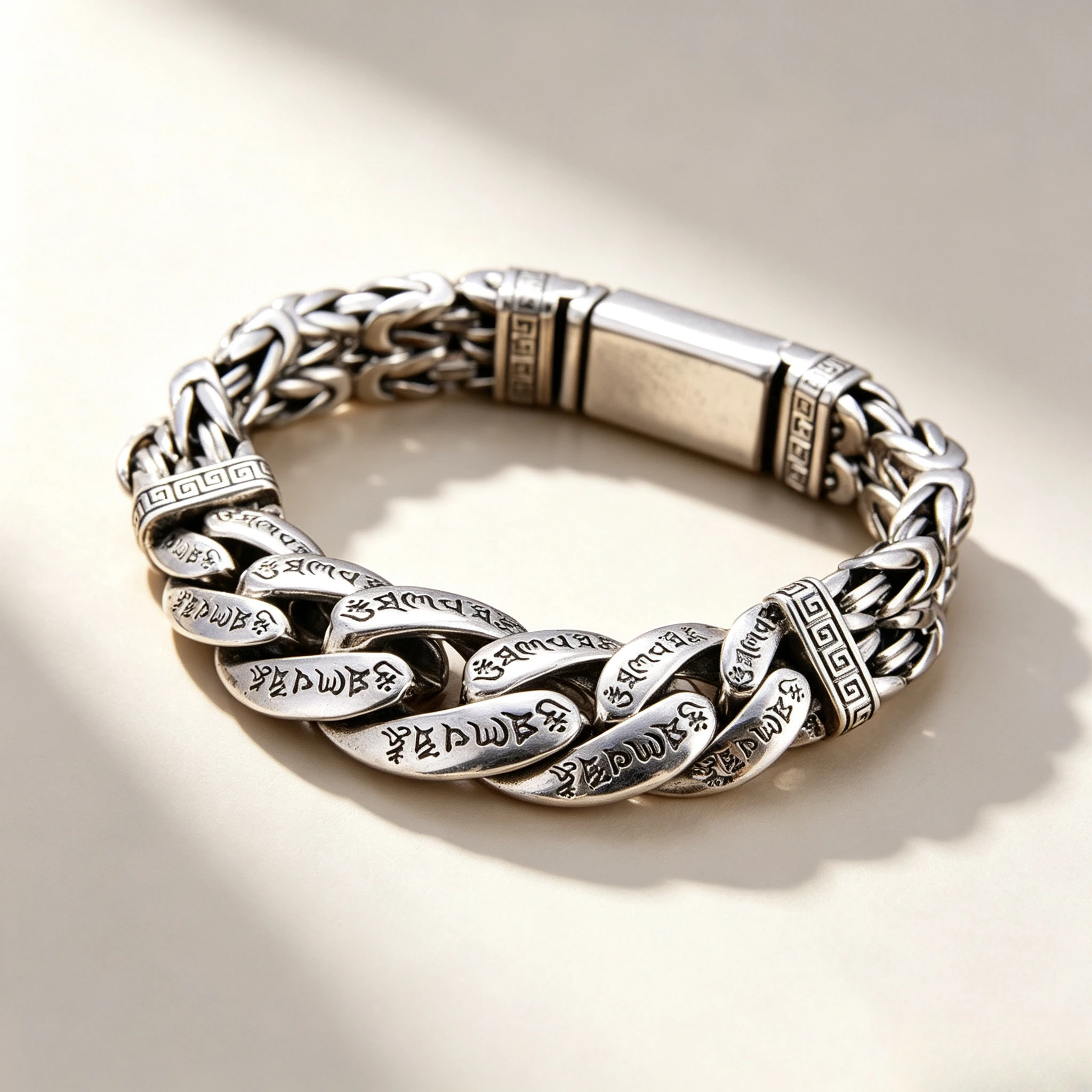 Men Vintage Tibetan Mantra Mixed Chain Bracelet Om Mani Padme Hum Curb & Braided Link Om Symbol Box