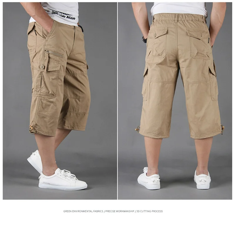

Летние мужские мешковатые прямые шорты-карго с несколькими карманами, бриджи, мужские длинные армейские зеленые хаки, мужские свободные шорты размера плюс 5XL