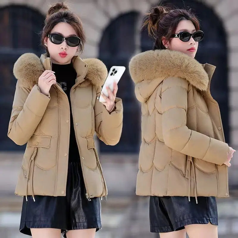 New Warm Cold-resistant Cotton Padded Jacket Winter Korean Slim Women's Parkas Fur Collar Hooded Pockets Drawtring Short Coats