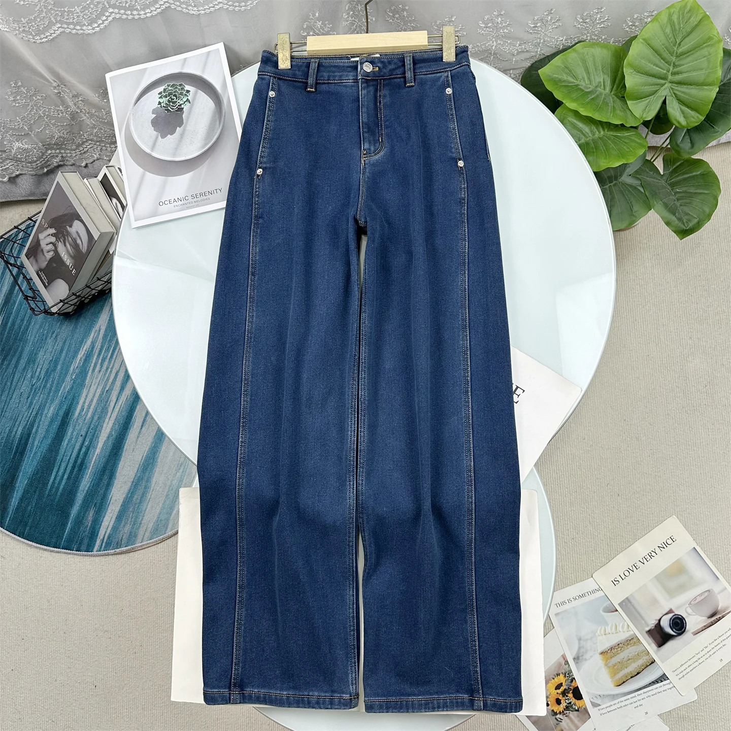 

Retro Washed Fleece Lined Cotton Denim Jeans Women's Winter High Waist Straight Leg Eco Friendly Plantation Cotton