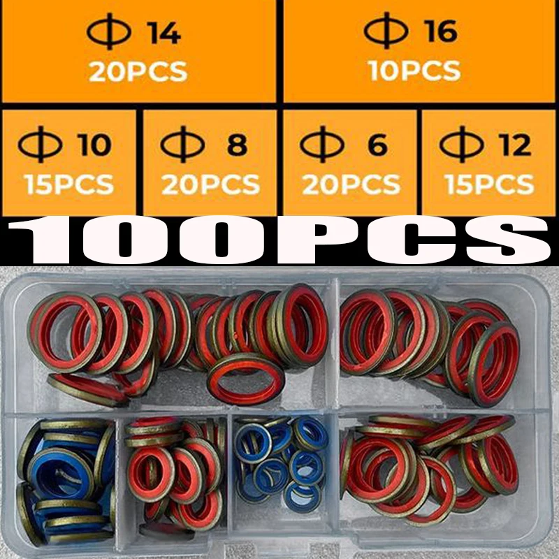 100pcs Assorted Sealing Gasket Set M6 M8 M10 M12 M14 M16Size Rubber Washer Gasket Nut And Bolt Set Flat Ring Seal Assortment Kit