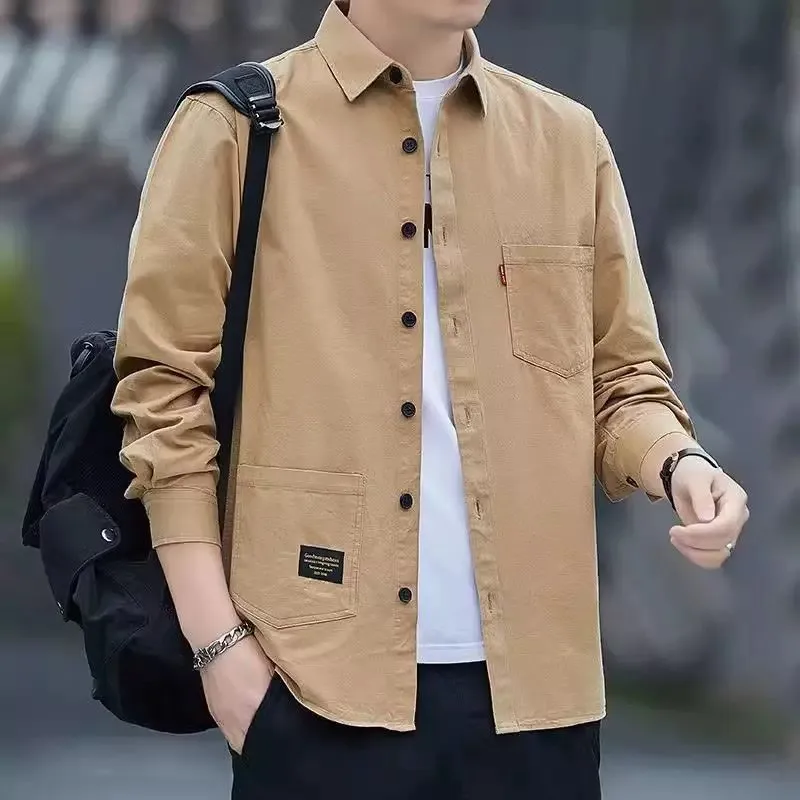 Men's Casual Long Sleeve Shirt Workwear Loose Fit Spring Autumn American Retro Style Open Cardigan Coat for Daily Wear