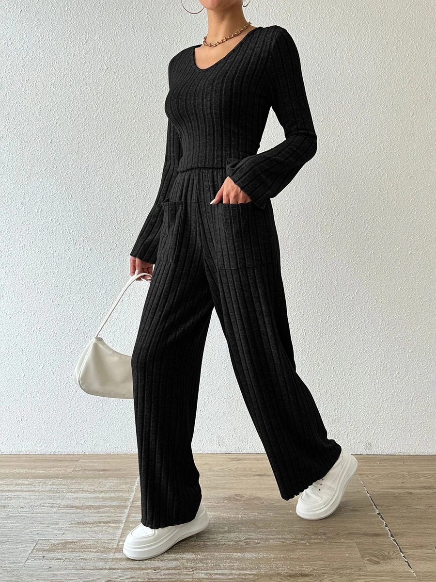 Women Knitted Casual Outfits Solid Color Ribbed V-Neck Long Sleeve Tops and Elastic Wide Leg Pockets Pants 2 Piece Clothes Set