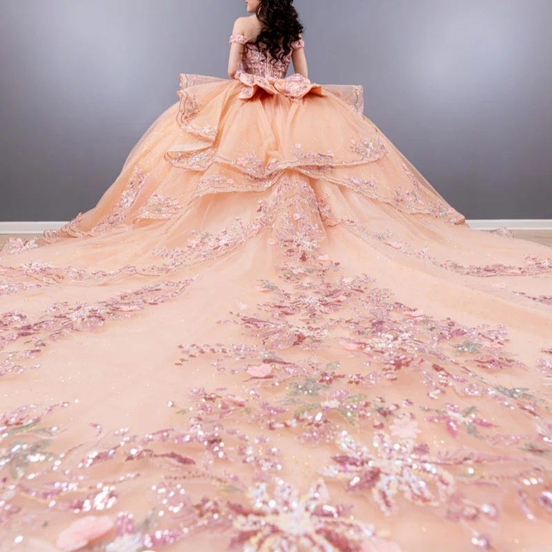 Розовое блестящее платье Quinceanera, бальное платье с открытыми плечами, аппликация с блестками, кружево, бусины, бант, тюль, корсет, милое платье 16, Vestidos 15