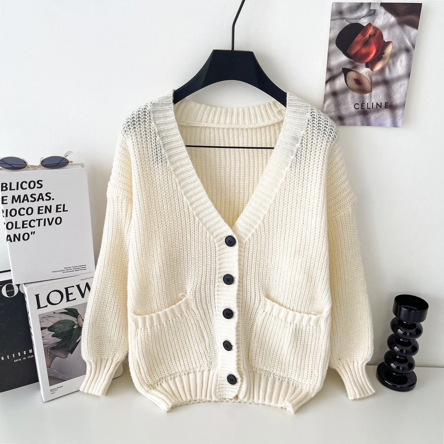 

2025 Loose Homewear Knitting Cardigan Ladies V-Neck Full Sleeves Buttons Pockets Design Autumn Vintage Soft Sweater Tops