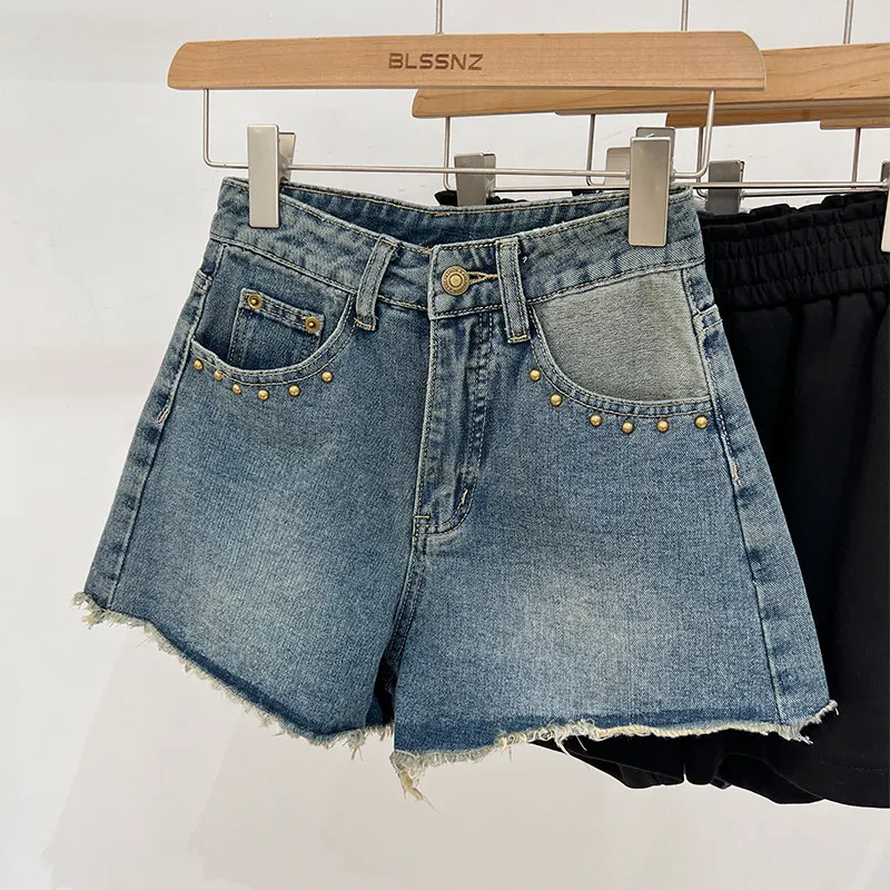 American Rivet Frayed Hot Pants For Women Summer Casual Fashion Female Washed Retro Patchwork Color Blocking Denim Shorts