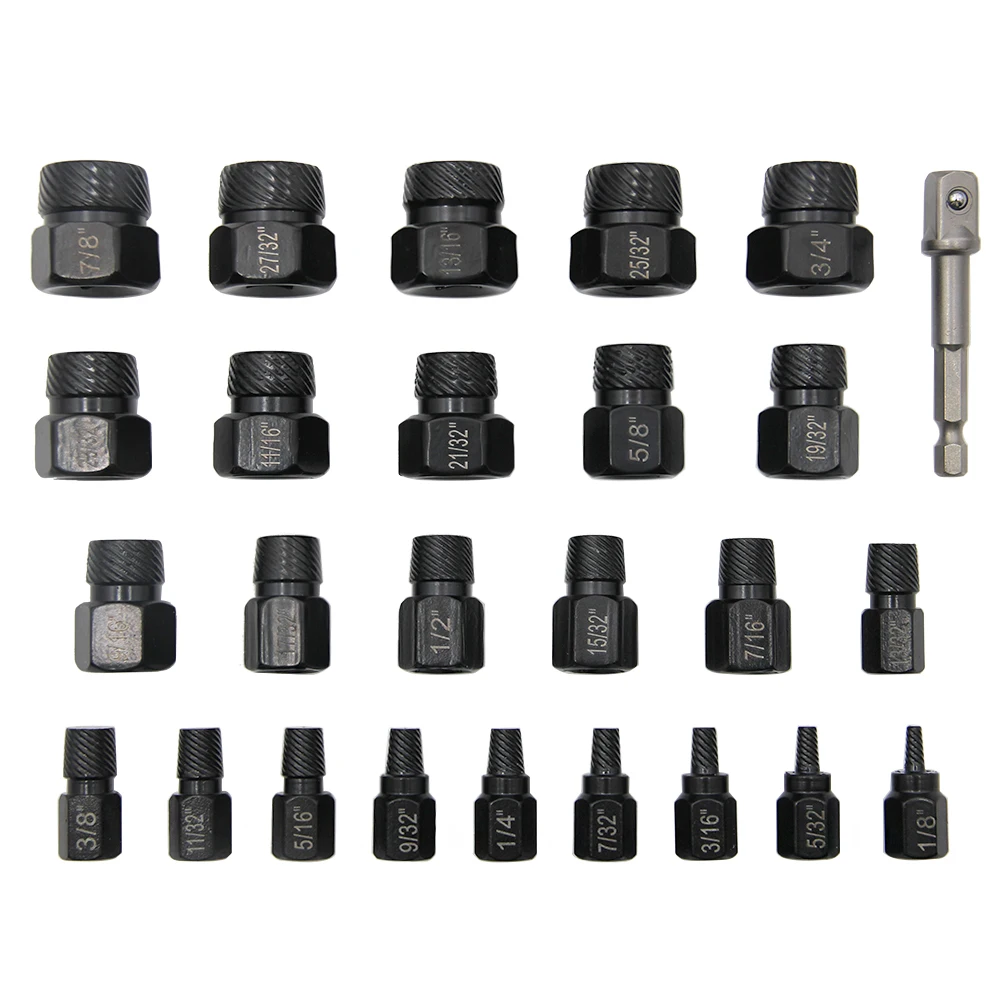 26pcs Screw Extractor Kit Standard 3/8-inch Drive Reverse Spiral Groove Easy Bolt Extractor Kit Stripped Broken Remover Tools