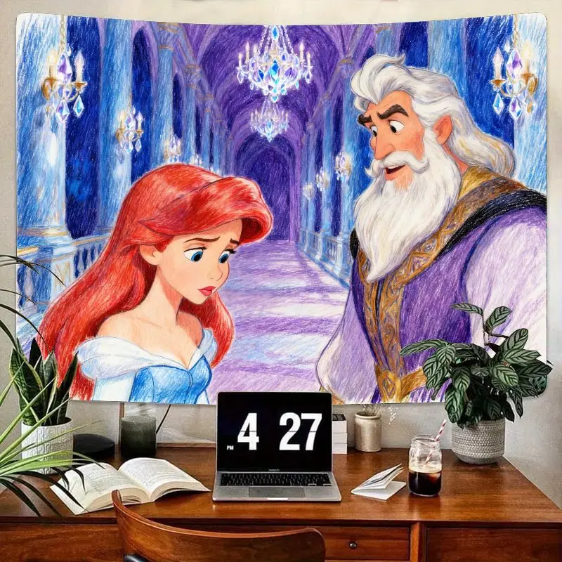 

1PC Disney Little Mermaid Ariel & King Triton Tapestry Kawaii Princess Wall Art Modern Polyester Girl Bedroom Decor Gift