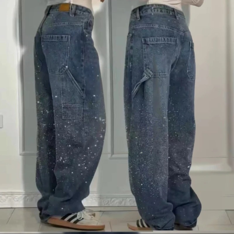 2025 أربعة مواسم المرأة الجديدة فضفاض الجينز الرجال ستار سبلاش الطلاء بنطال ذو قصة أرجل واسعة الرجعية عالية الخصر الشارع السراويل زوجين نمط