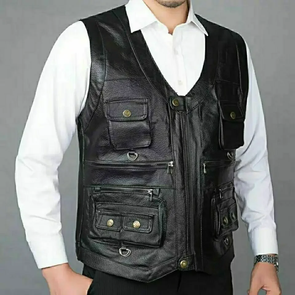 2025 Cowhide Genuine Leather Man Vest Waistcoat Male clothing Jacket Thick Motorcycle Multi Pocket leather biker Men safety vest