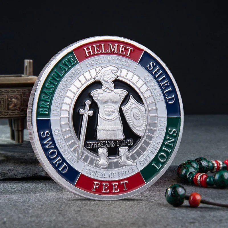 4CM Christliche Souvenir-Münze: Trage die ganze Rüstung Gottes (Epheser 6:11) – Vergoldete Gedenkmünze „Bete immer“-Sammlung – Detail 2
