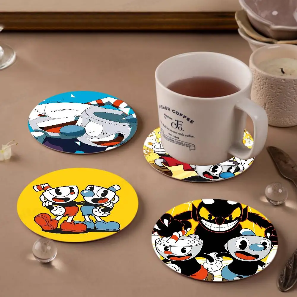 Classic Game Anime Cuphead pattern art painted wooden anti-slip coasters, suitable for decoration of living room kitchenware