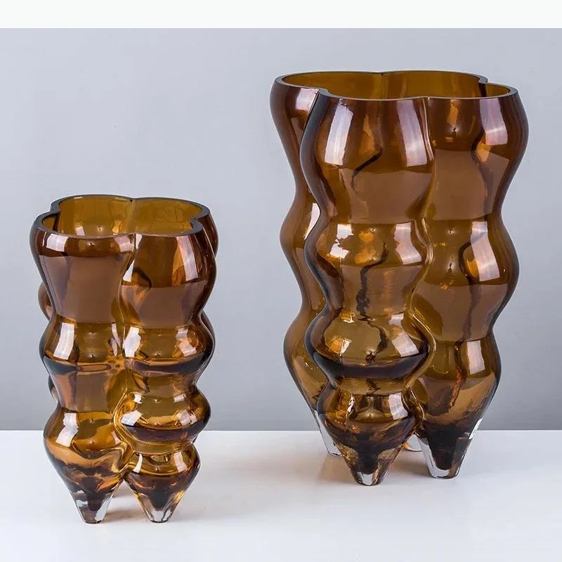 Brown Glass Vase Hydroponics Flower Pots Desk Decoration Modern Design Flower Arrangement Floral Vases Room Aesthetic Decor