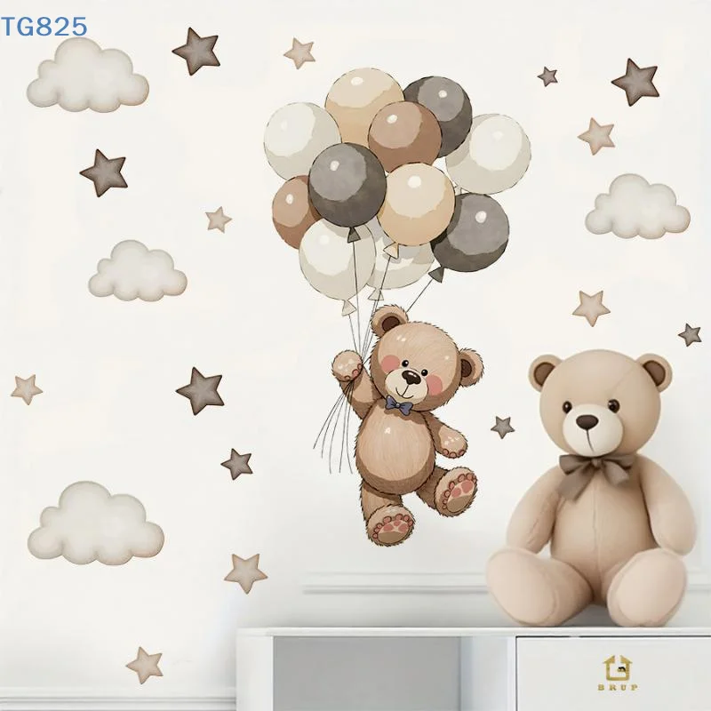 【AN】【AN】Bear Wall Decals Removable Decor With Balloons Stars & Clouds For Kids Bedroom Baby Nursery