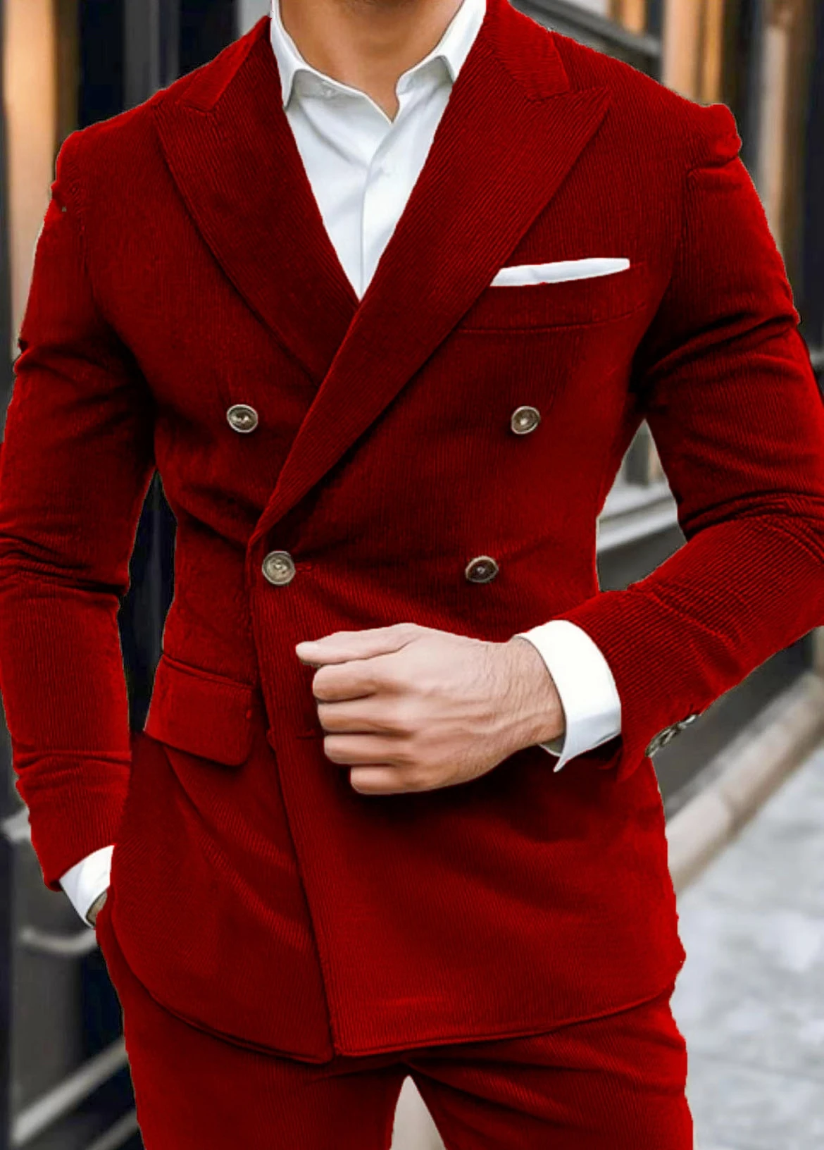 

Corduroy Double Breasted Suits For Men Casual Wedding Groom Tuxedo Male Fashion 2 Pcs Jacket With Pants