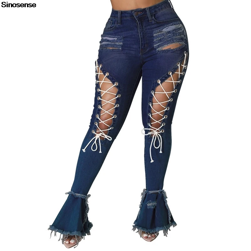 Damskie podarte jeansy dzwony z elastyczną talią, surowym wykończeniem, seksowne spodnie dżinsowe na co dzień, na randkę, na ulicę, do klubu nocnego, na imprezę, rozszerzane jeansy.