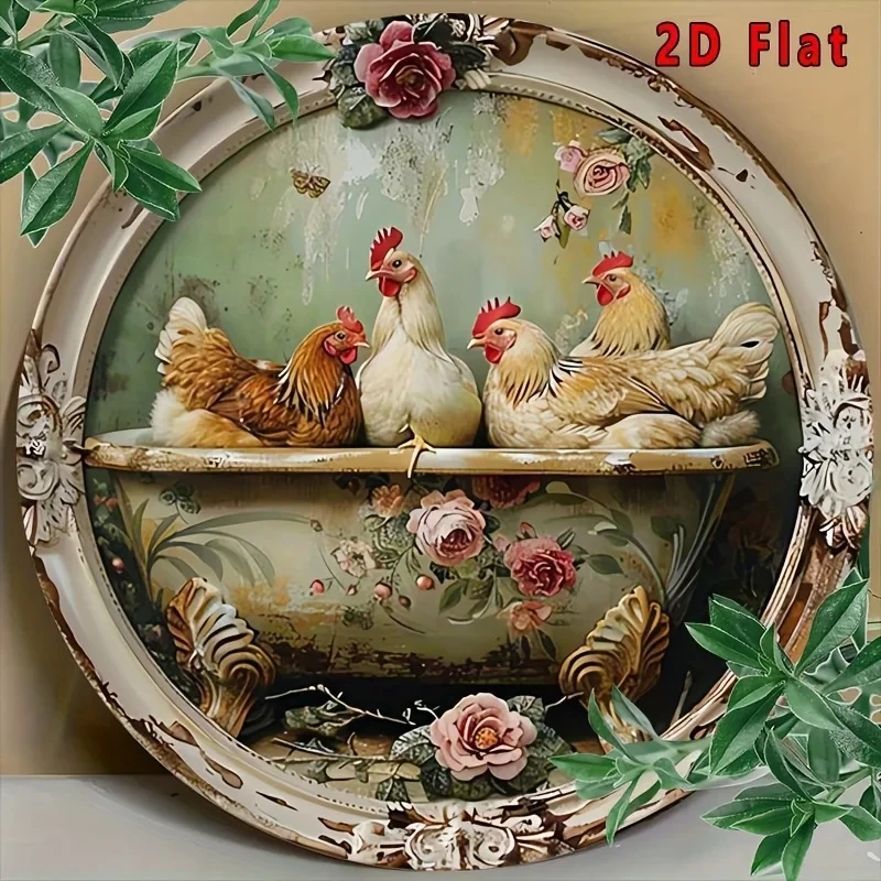 [2D Flat] 1 Piece of Country Farmhouse Metal Wall Art Featuring Chickens and Flowers - Vintage Aluminum Decoration with a Luxurious Bonsai Design, Suitable for Homes, Bars, and More