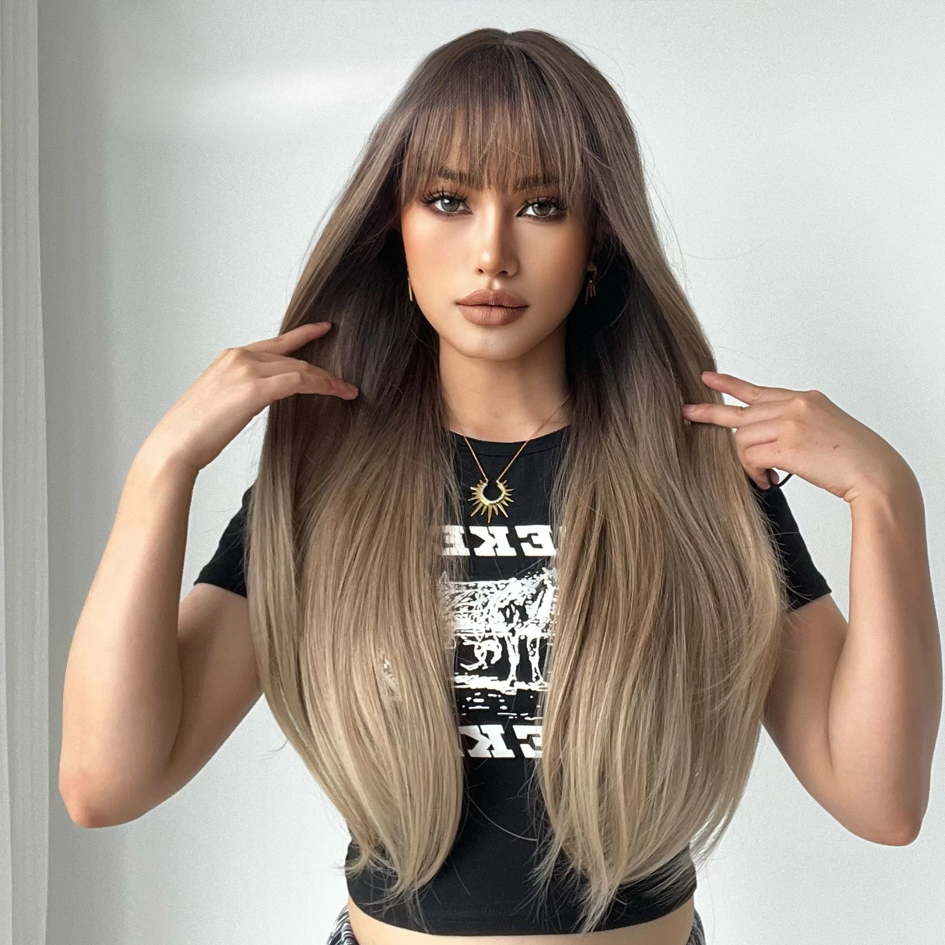 باروكات أوروبية وأمريكية للنساء ذات ثمانية أحرف، شعر بني متغير تدريجي، شعر مستعار حريري ذهبي بدرجة حرارة عالية، غطاء رأس ستراي #2