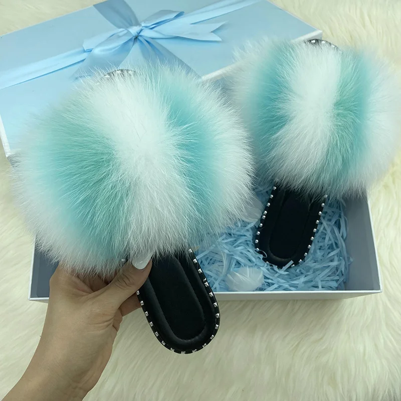 Flip Flops Women Summer Real Fur Flat Slippers 100% Natural Luxury Fox Fur Slides Ladies Rivet Jelly Shoes Furry Slides Sandals