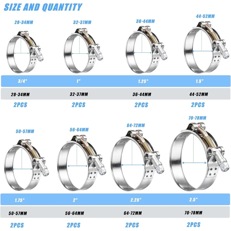 

A93E-T Bolt Hose Clamps Set 8 Size 3/4", 1", 1.25", 1.5", 1.75", 2", 2.25",2.5" Range 28-78Mm For Radiator Hoses Clamp