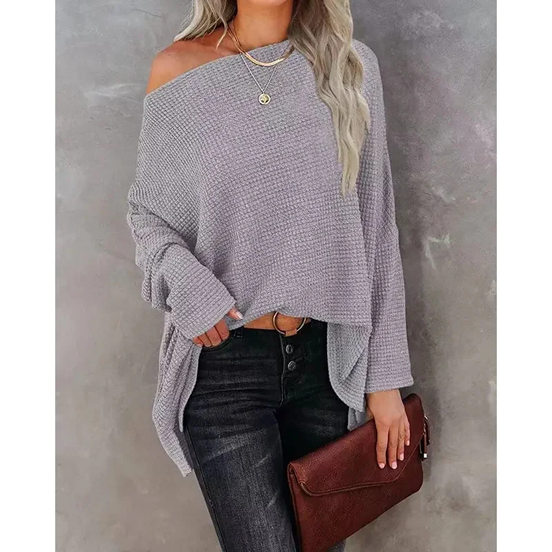 

Women's Waffle Knit Off-Shoulder Top 2024 New Autumn Amazon Europe and America Cross-Border Regular Top