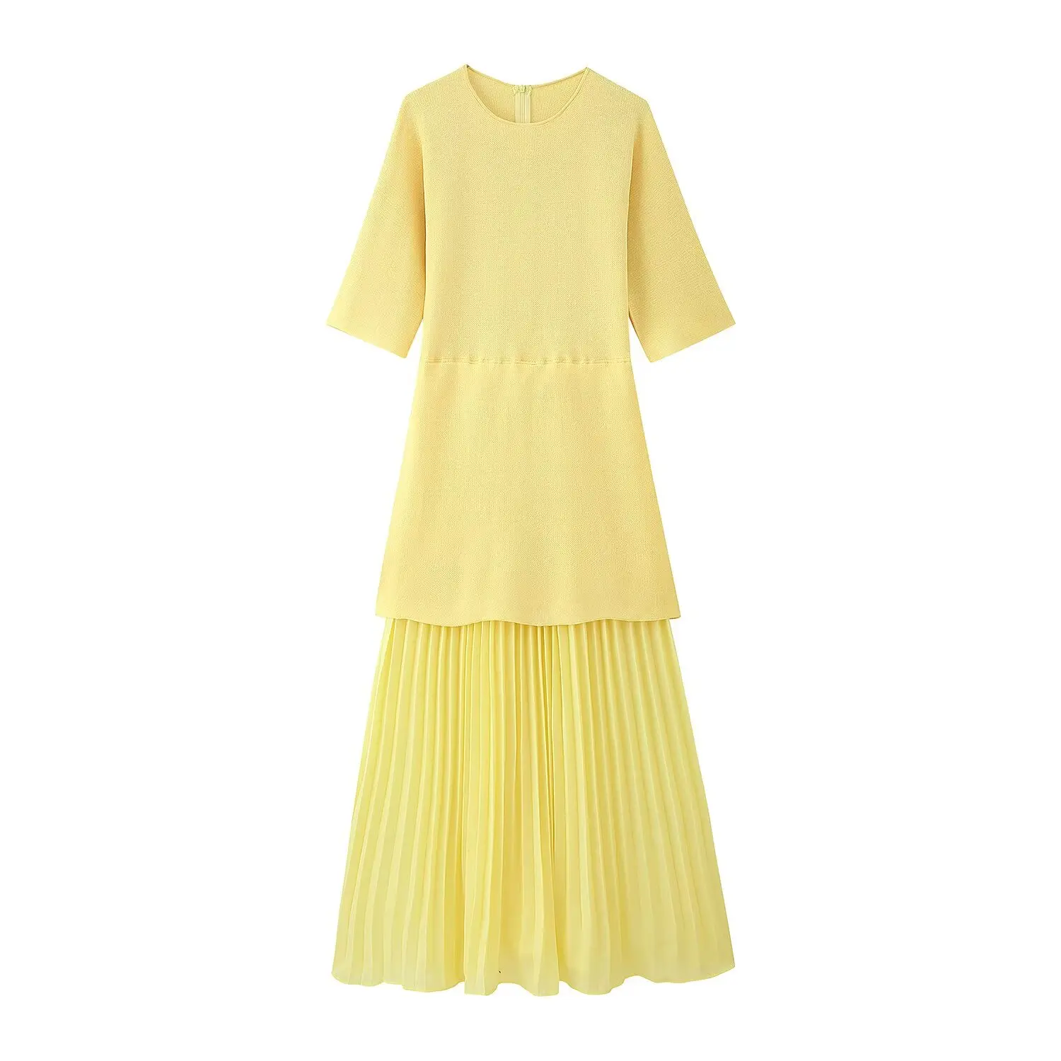HH Vrouwen Elegante Halve Mouwen O-kraag Geplooide Jurk Lente Vrouw Achterrits Splitsen Vintage Casual Gebreide Lange Jurk