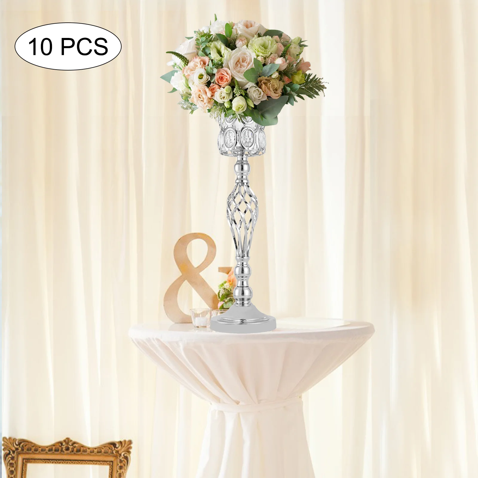 10Pcs Metal Wedding Table Centerpieces Crystal Flower Vase Stand Party Desk Decor  (Silver, 23.6