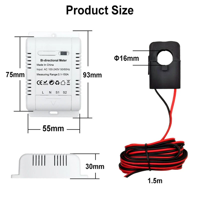 1Pcs Tuya Smart Bi Directional Wifi Energy Meter Transformer Solar PV Two Way Power Monitor 100-240