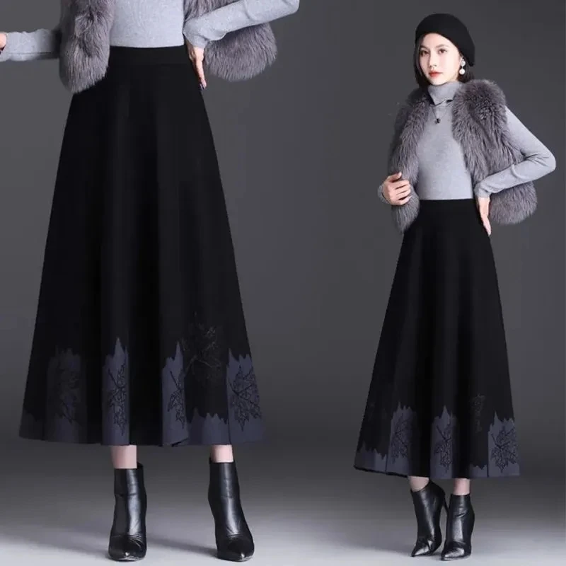Autumn/Winter Thicken Knitted Skirt Women Ethnic Style A-line High Waist Sweater Skirts Middle Aged Mother High End Knit Skirts
