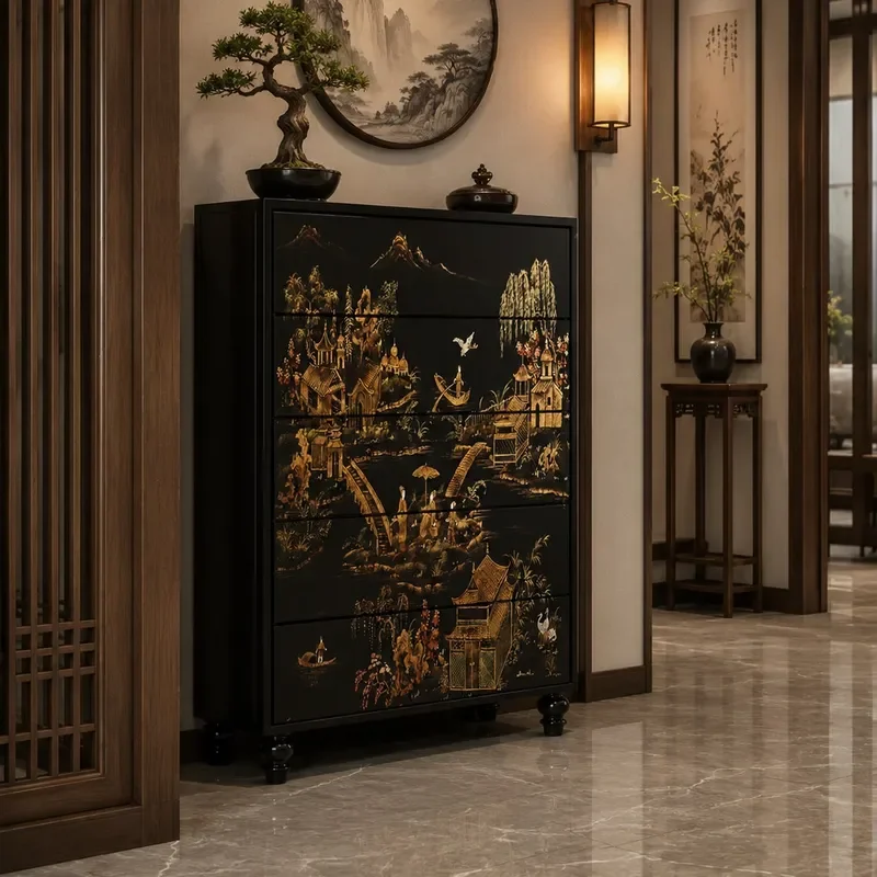 New Chinese Landscape Hand Painted Lacquer Chest of Drawers Solid Wood Living Room Wall Mounted Storage Cabinet