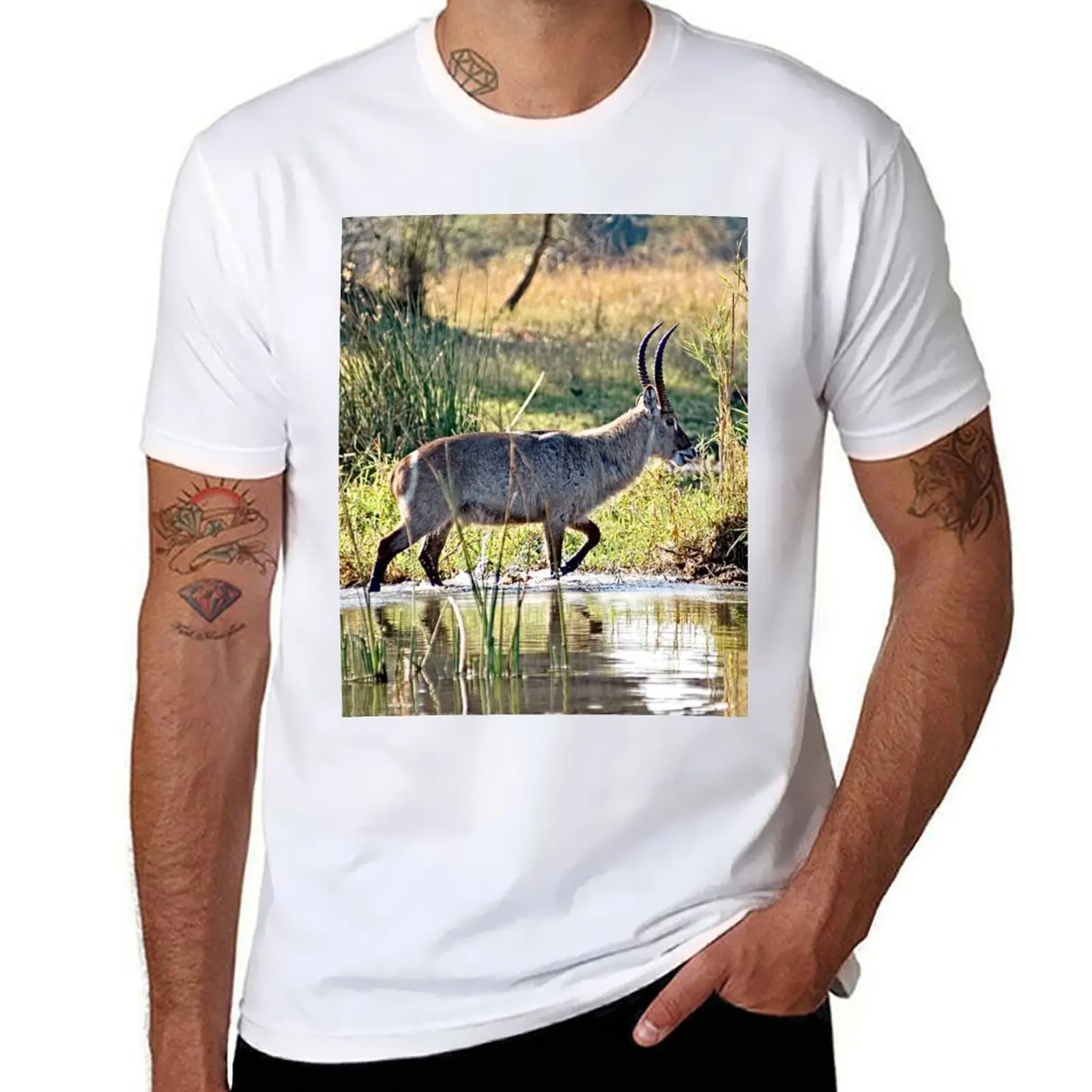 

African Waterbuck Antelope River Bank Africa T-Shirt t shirts for man cotton t shirts cotton 100% T-Shirt