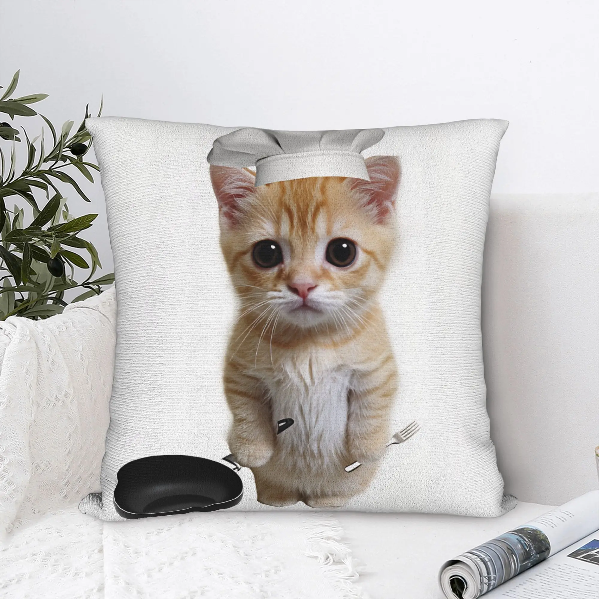 Funny Cooking Kitten Pillow Cover  Comfy Cushion Cover Kawaii Pillow Case For Sofa Car Home Decor