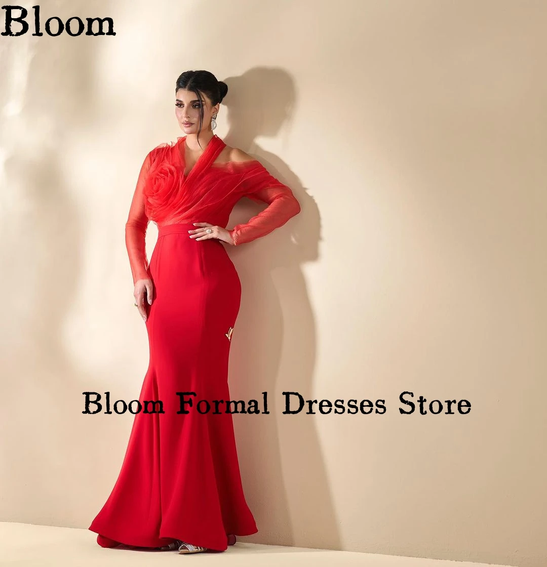 Bloom-vestidos de tul de manga larga para mujer, traje de sirena con hombros descubiertos, volantes, encantador, rojo Arabia, para fiesta de boda, 2024