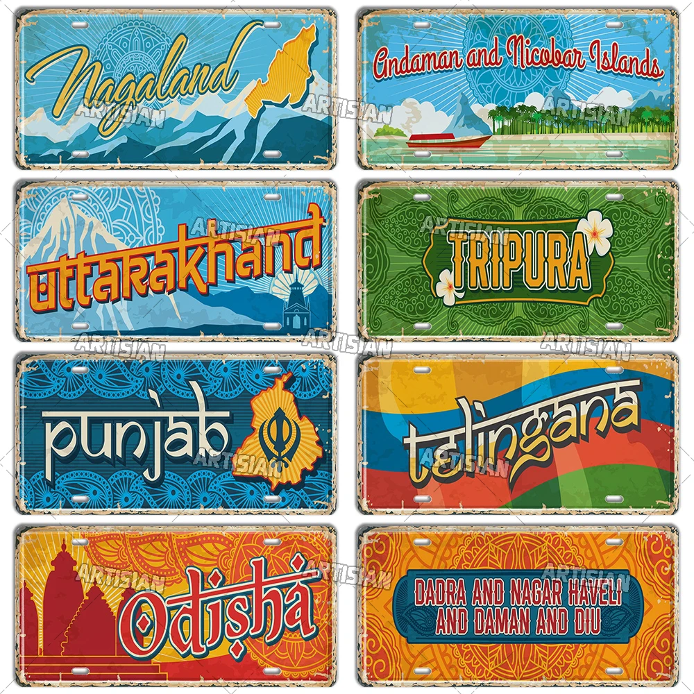 Artisian INDIA Ctiy State Province Metal Sign Landmark License Plate Travel Car Plate Decorative Tin Plaque Wall Decor Garage