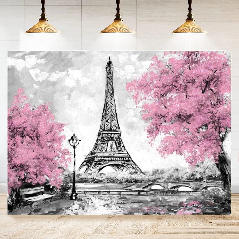 

Paris Eiffel Tower Photography Backdrop For Pink Flowers Trees Lover Wedding Photo Studio Poster Watercolor Background Banner