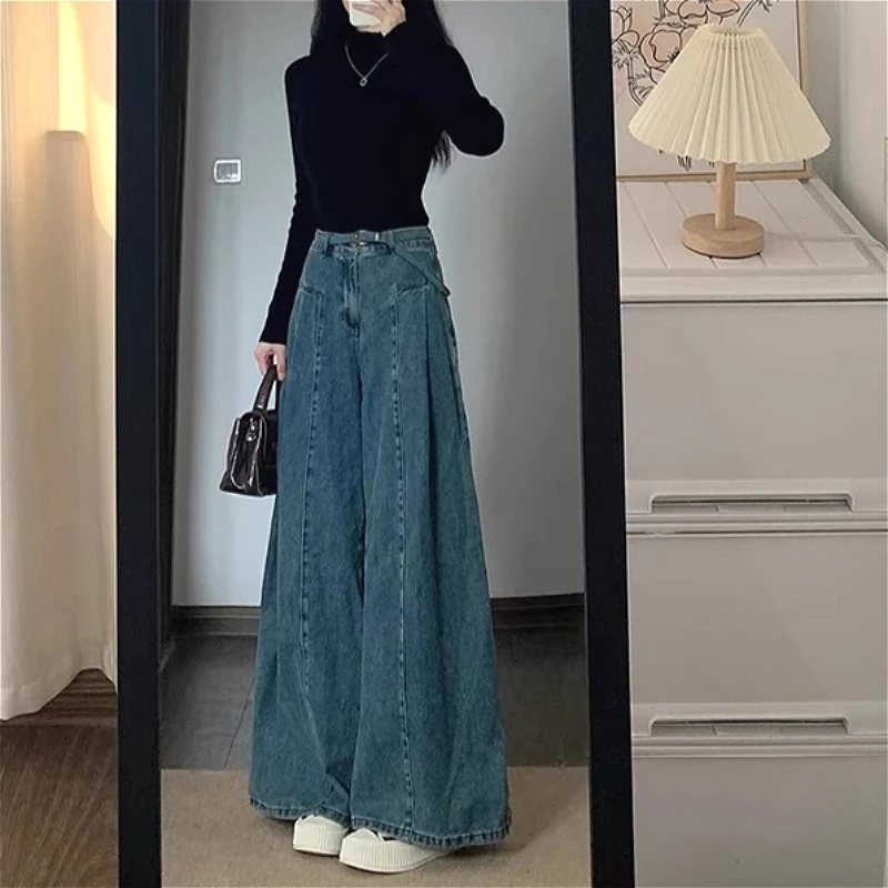 

Denim Pant Women Jeans Wide Leg Floor Length Pants High Waist Straight Trousers Y2k Streetwear Elegant Splice Work Casual Loose