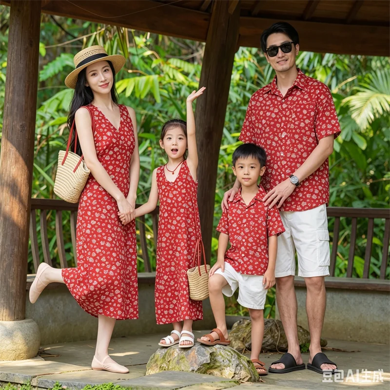 Vacation Family Matching Outfits Beach Father Son Floral Shirts Mother Daughter Sleeveless Dresses Red Holiday Casual Clothing
