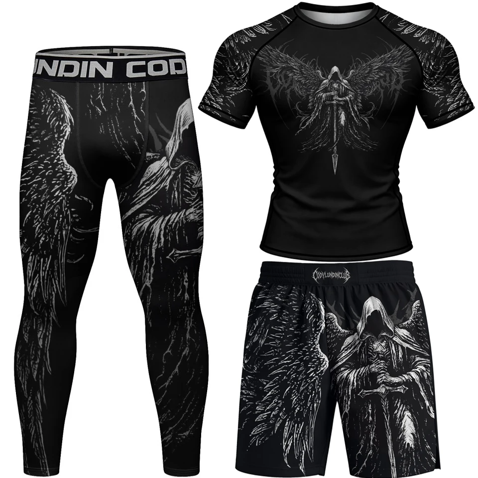 No Gi Bjj Rash Guard MMA T-shirt+Short Sets  Jiu Jitsu Rashguard For Men Grappling Muay Thai Training Boxing Jereys Sportswear