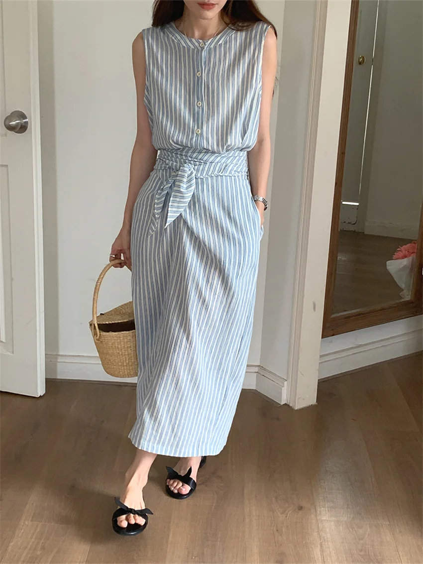 

Alien Kitty Summer Minimalist Stripes Maxi Dress Women Elegant Chic 2023 OL Lady Slim Sleeveless Sexy New Office Wear Streetwear