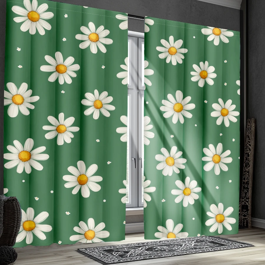 2PCS Digital Print  Curtain, Green Background Daisy, Rustic Farmhouse Window Treatment Drape for Bedroom Kitchen Decor