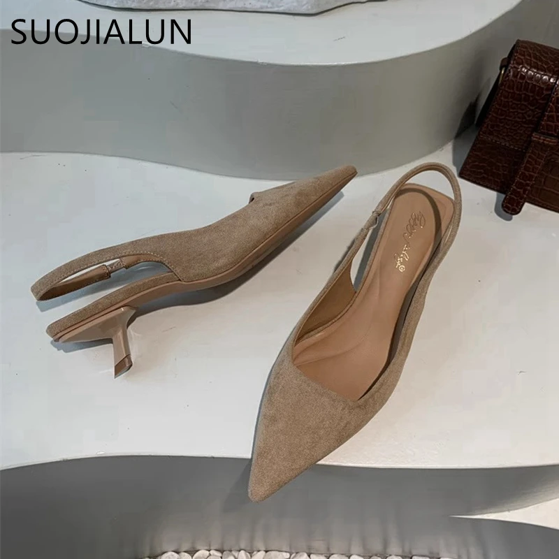 SUOJIALUN 2024 Autumn Women Sandal Shoes Fashion Pointed Toe Shallow Slip On Slingback Sandal Thin Med Heel Ladies Elegant Pumps